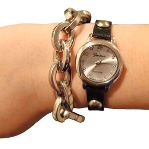 Geneva Platinum No. 9646 Black Leather Wrap Around  Watch